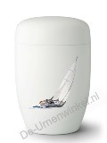 Metaal design urn wit met zeilboot